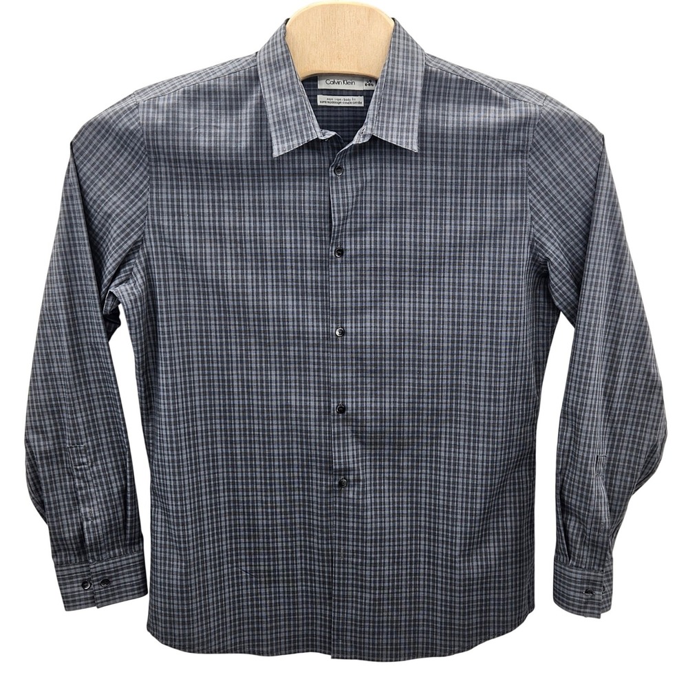 Calvin Klein Mens Non-Iron Body Fit Micro-Check Button Down Shirt Grey Size L/G